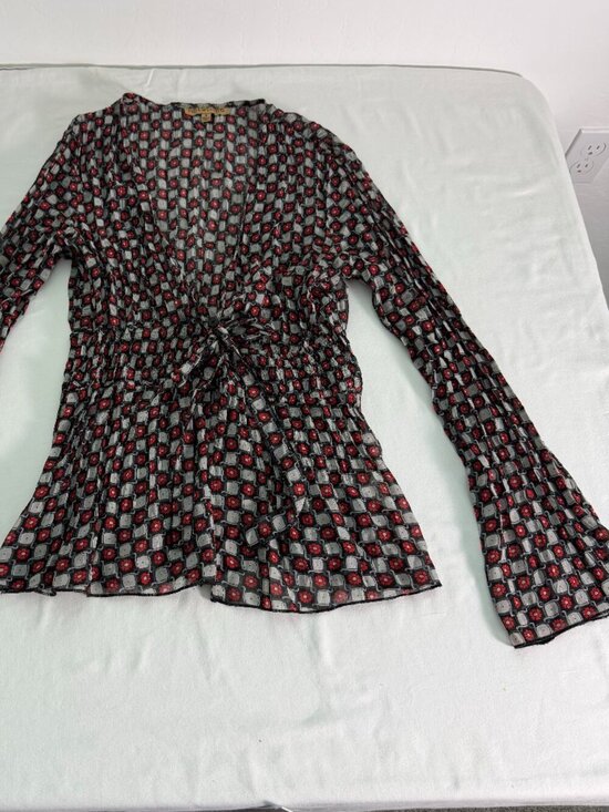 Notations Tops - Notations Sheer Floral Tie Front Top Women’s Medium Black Red Long Boho Y2k